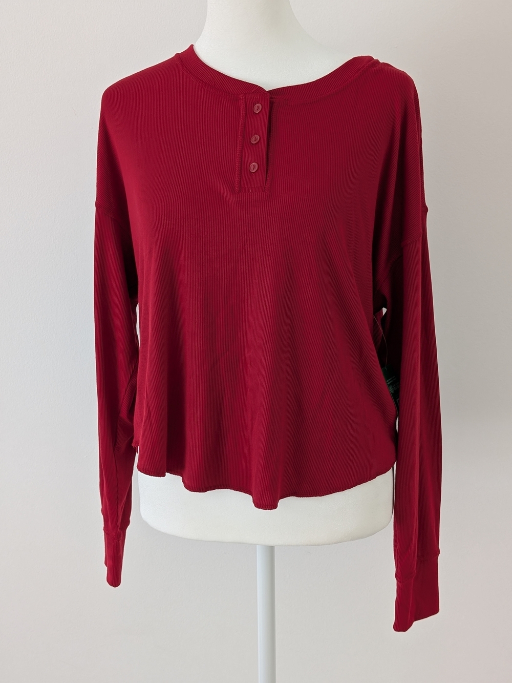 Gap Body Shirt Women S Red  Ribbed Henley Crewneck Long-Sleeve Stretch Top